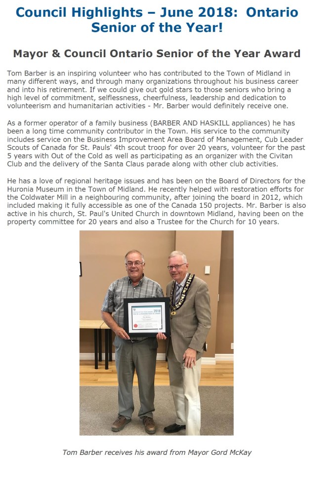 TomBarber Town of Midland Award